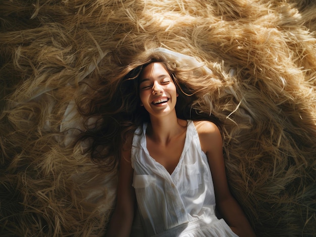 Laughing young woman with flowing hair lies on a haystack