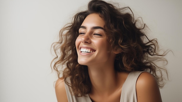 Laughing young woman with good skin care on neutral background looking up as of thinking of presents