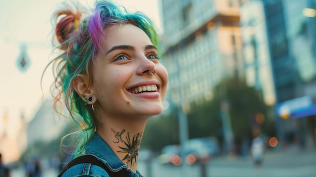 Laughing young woman with vibrant hair and piercings enjoying the urban outdoors