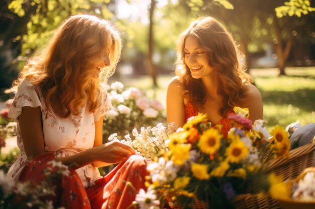 Laughter in the park women picnicking on a sunny day carefree giggles surrounded by blooming flow