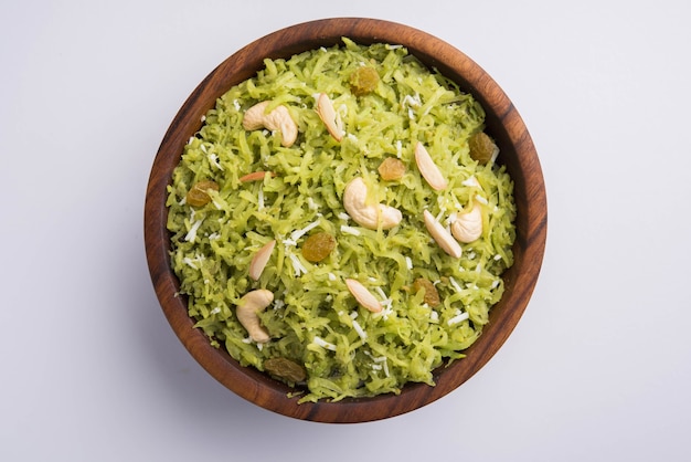 Lauki or Doodhi ka Halwa is Indian popular sweet dish made up of bottle gourd and garnished with dry fruits, consumed hot.