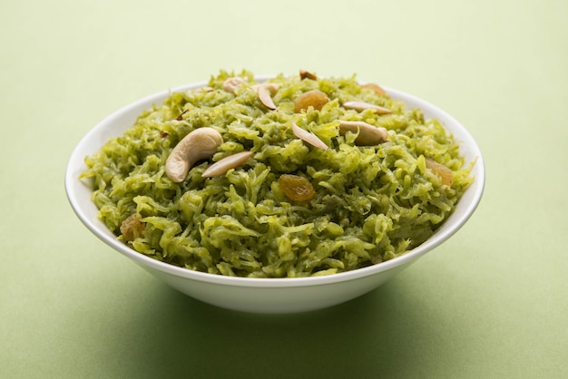 Lauki or Doodhi ka Halwa is Indian popular sweet dish made up of bottle gourd and garnished with dry fruits, consumed hot.