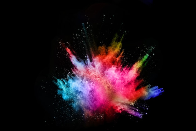 Launched colorful powder, isolated on black background.