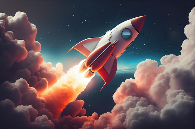 Launching a fresh project start up concept Space rocket flying toward the clouds Generative AI