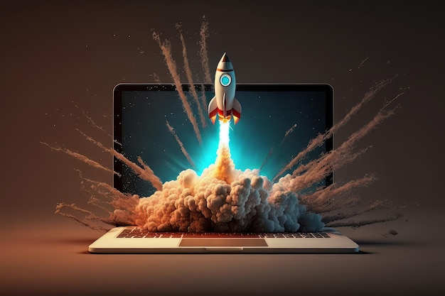 Launching Space Rocket From Laptop Screen Generative AI