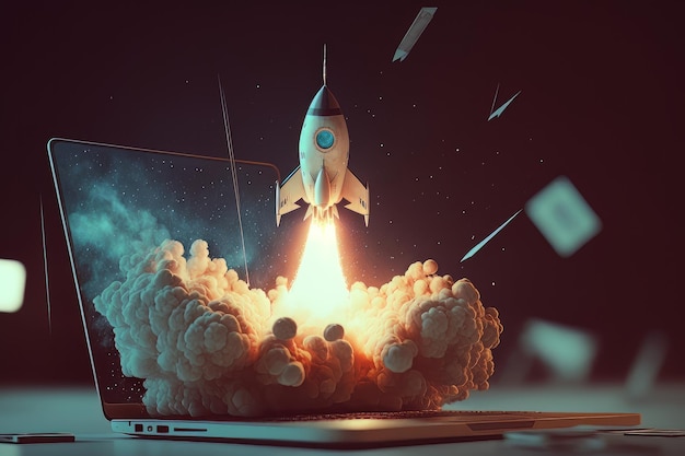 Launching Space Rocket From Laptop Screen Generative AI