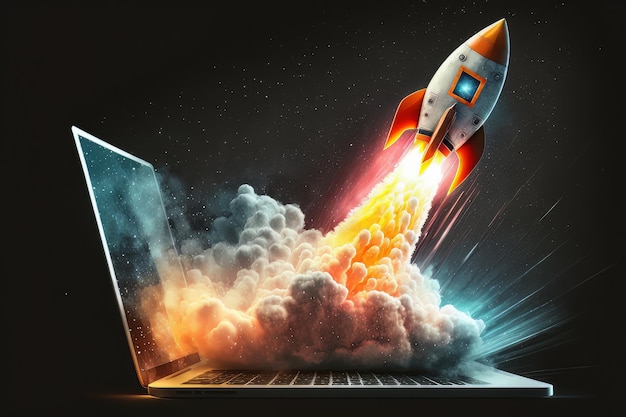 Launching Space Rocket From Laptop Screen Generative AI