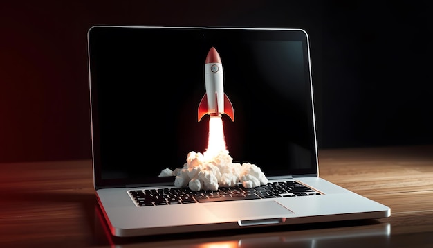 Photo launching space rocket from laptop screen isolated with white highlights