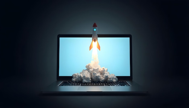 Launching Space Rocket From Laptop Screen isolated with white highlights