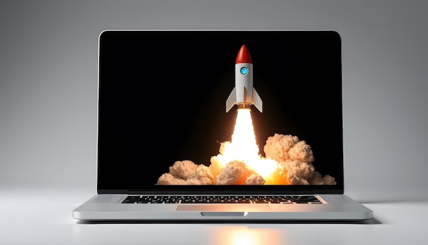 Launching Space Rocket From Laptop Screen isolated with white highlights