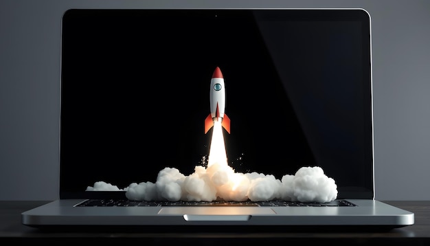 Launching Space Rocket From Laptop Screen isolated with white highlights