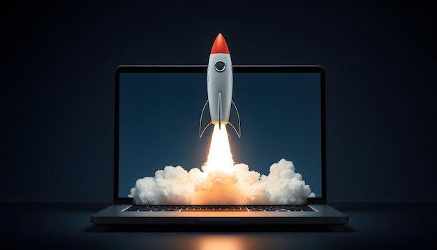 Launching Space Rocket From Laptop Screen isolated with white highlights