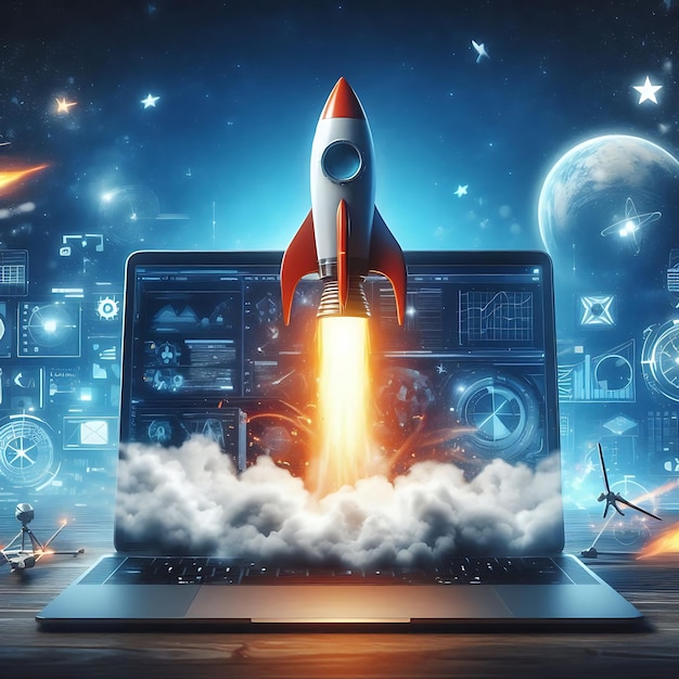 Launching Space Rocket From The Laptop Screen