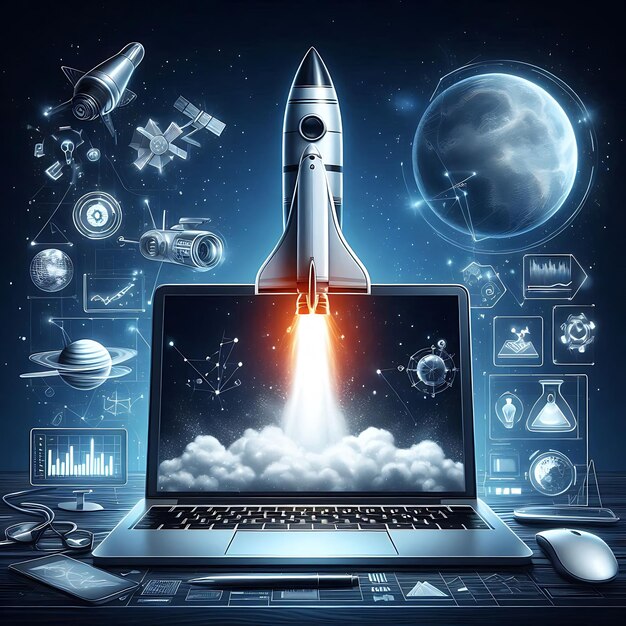 Photo launching space rocket from the laptop screen