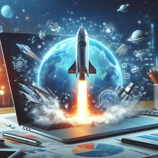 Launching Space Rocket From The Laptop Screen