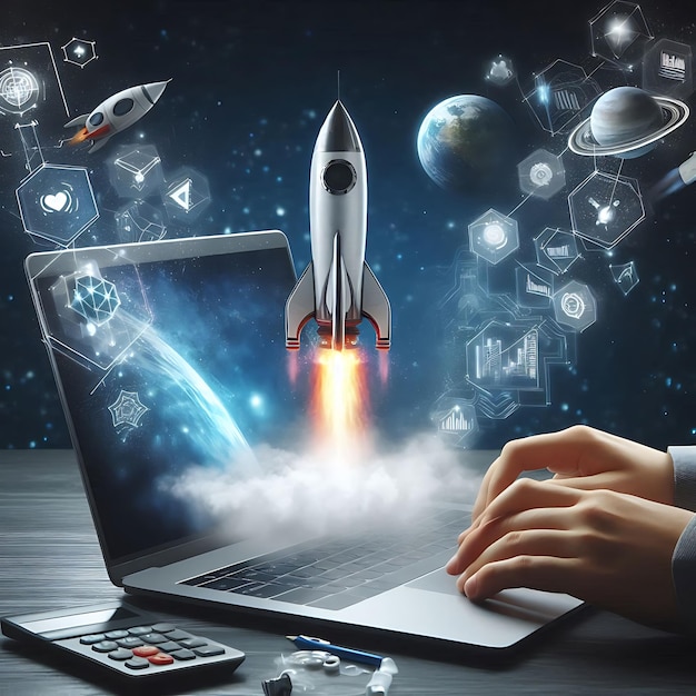 Launching Space Rocket From The Laptop Screen