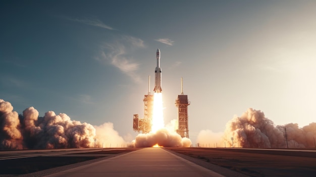 Launching a spacecraft or rocket from Earth The moment of launch A spectacular image of the launch of a space rocket