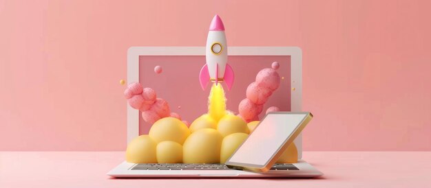 Photo launching a startup from a laptop a 3d illustration