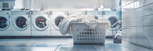 Laundromat machines and laundry basket on floor