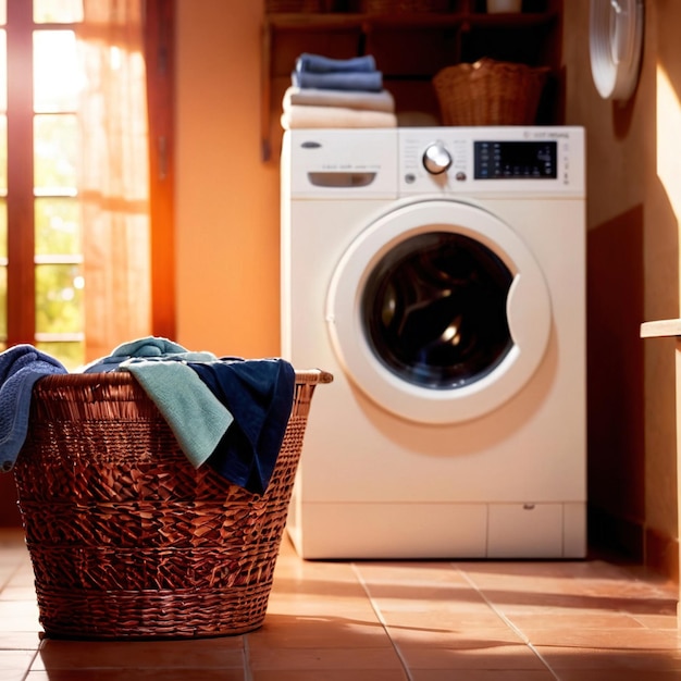 Laundry basket clothes for wash with washing machine in background