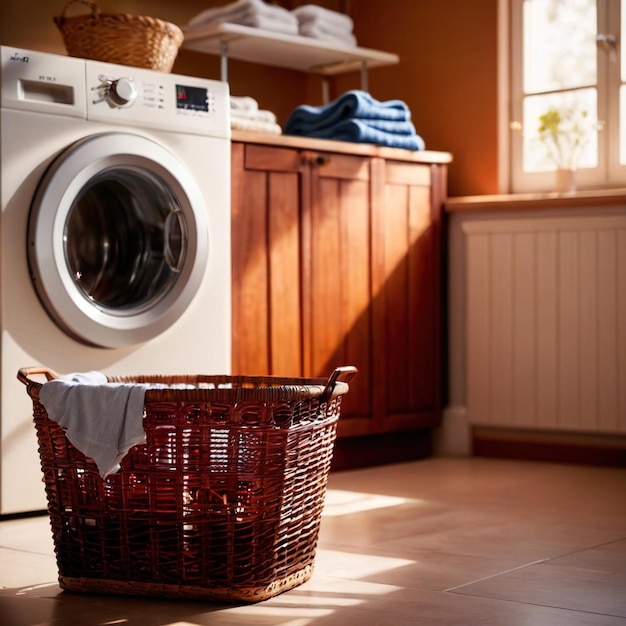 Laundry basket clothes for wash with washing machine in background