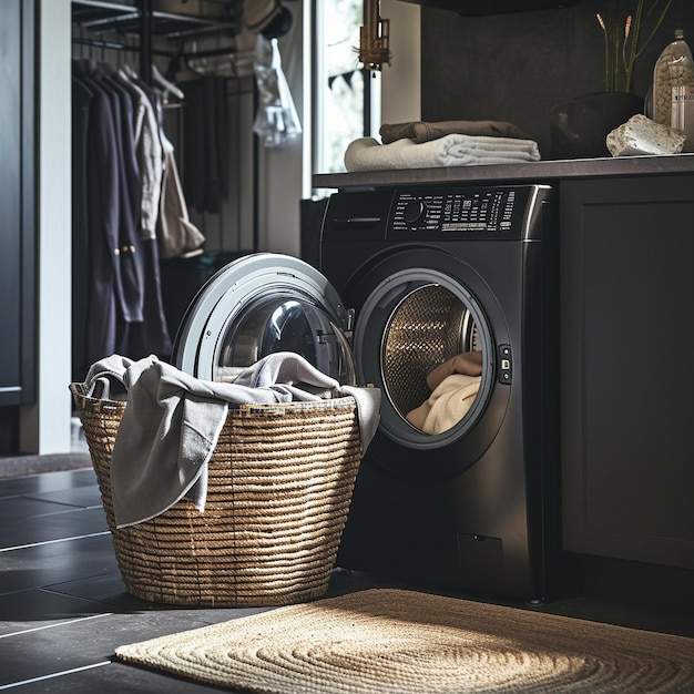 a laundry basket is next to a washing machine that says quot laundry quot