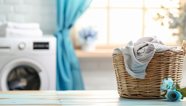 Laundry basket and washer with copy space on blurred background for text placement