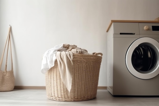 A laundry basket and a washing machine in a room with a wall unit.