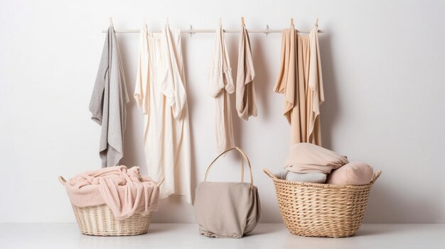 a laundry basket with clothes in front of a dryer