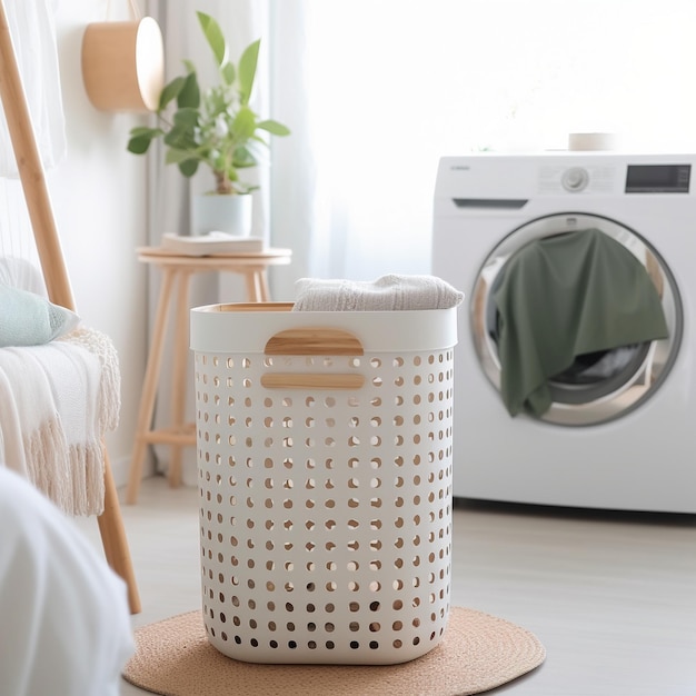 Photo a laundry basket with clothes in front of a dryer