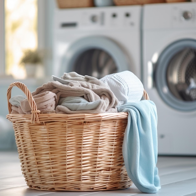 a laundry basket with clothes in front of a dryer