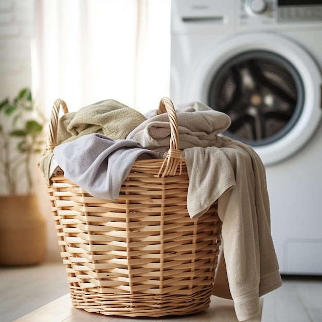 a laundry basket with clothes in front of a dryer