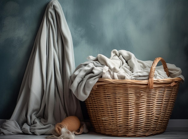 Photo a laundry basket with clothes in front of a dryer