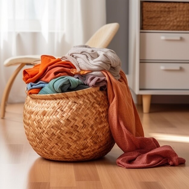 Photo a laundry basket with clothes in front of a dryer