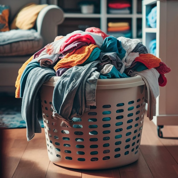 a laundry basket with clothes in it that is full of clothes