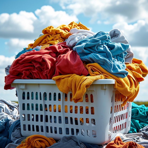 a laundry basket with clothes in it and a white basket with a blue sky in the background