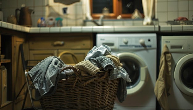 Laundry basket with dirty clothes next to washing machines in a kitchen environment