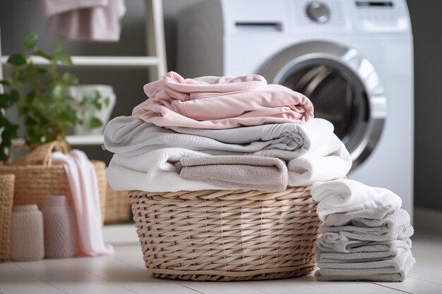 A laundry basket with a pile of folded towels next to a washing machine Washing machine and basket in a laundry room