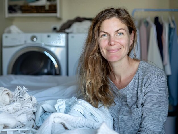 Laundry Day Focus on a woman Caucasian 30s smiling and looking at the camera sorting laundry Background is a laundry room empty space center for text