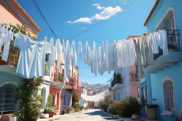 Laundry hanging on lines in the street