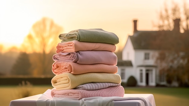 Laundry housekeeping and homemaking stack of clean and folded clothes in country house garden generative ai