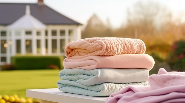 Laundry housekeeping and homemaking stack of clean and folded knitted clothes in the country house garden generative ai