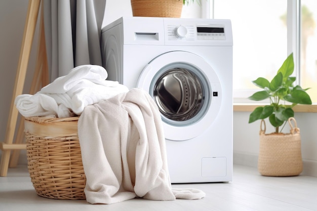 Laundry load modern washer and a pile of light coloured clothes