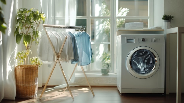 A laundry room scene with a clothes drying rack positioned beside a washing machine highlighting the practical setup for home laundry