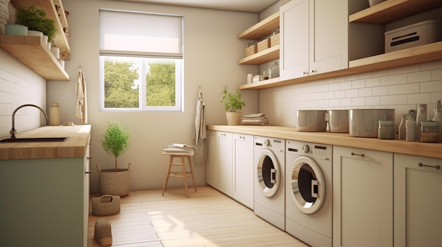 Laundry room with hardwood counters and builtin washer mockup Generative AI