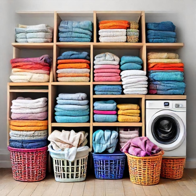 a laundry room with a stack of towels and a washer