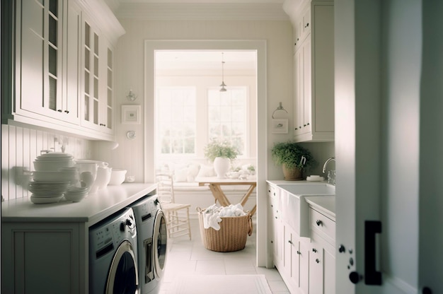 Laundry room with washer and dryer Wooden cabinets and tile floor ai generative