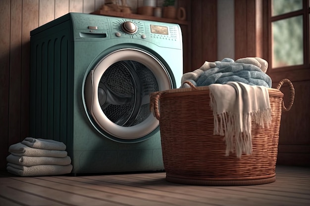 Laundry room with a washing machine and a basket full of clothes Ai generative