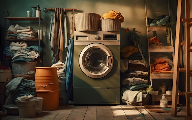 A laundry room with a washing machine and a stack of clothes.