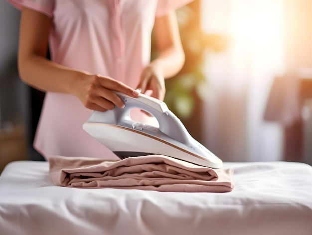 Laundry service Ironing on clothes hygiene and cleaning clothes on washing machine Housekeeping